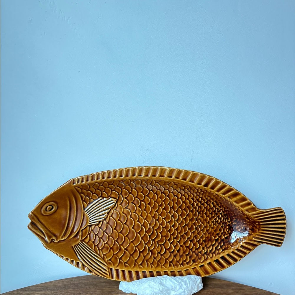 Vintage Ceramic Fish-Shaped Platter - Brown Ovenproof Baking Dish Made in USA